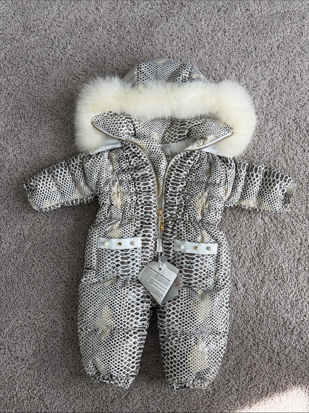Luxury Infant Snakeskin-Print One-Piece with Faux Fur Hood